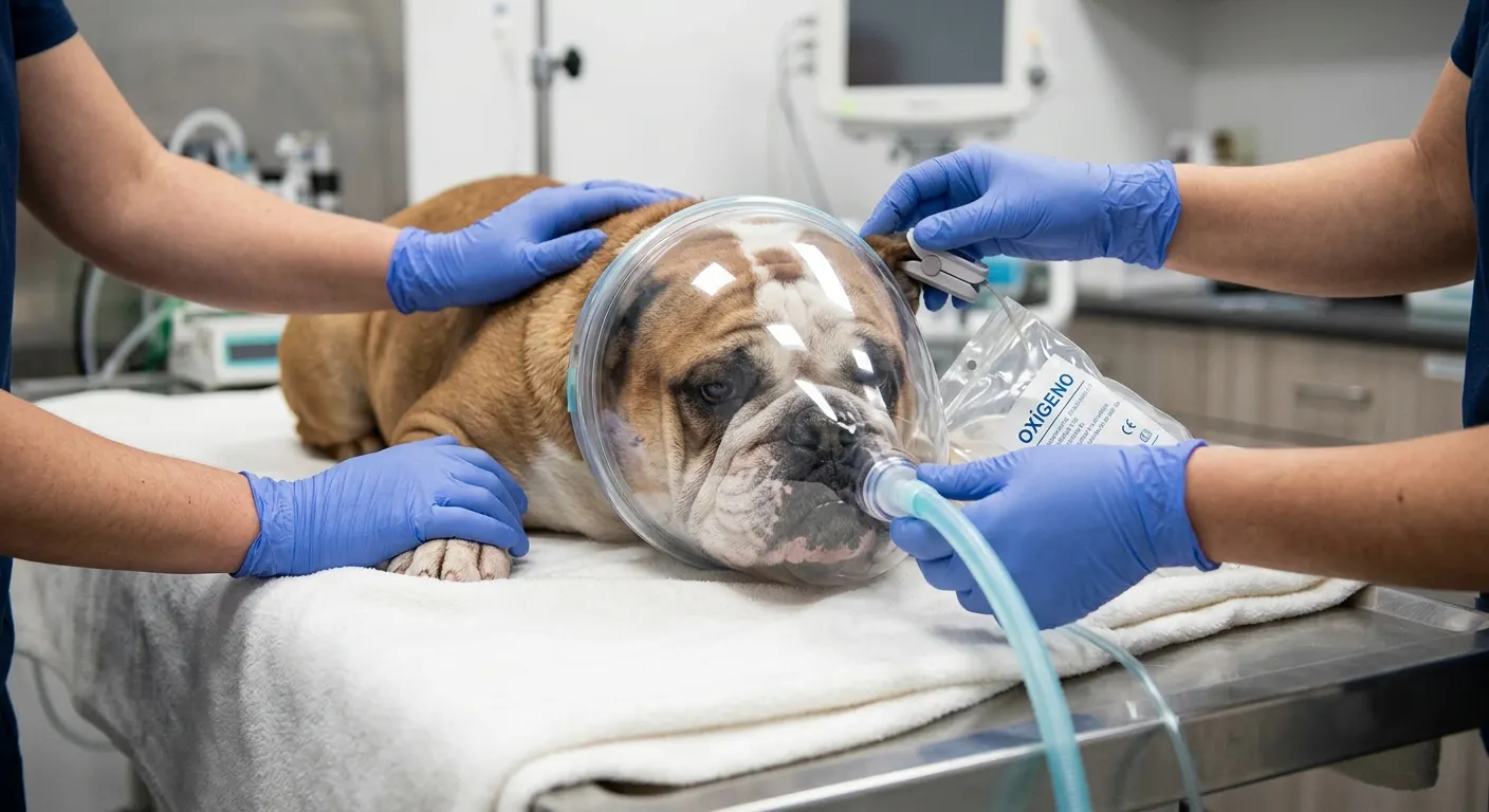 Bulldog recibiendo oxigeno - Clínica veterinaria en Badajoz